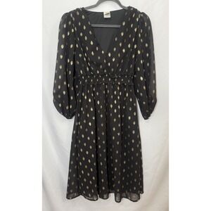 Wrapper Black Gold Chiffon Overlay Midi Dress Womens Size M 3/4 Sleeve Cocktail
